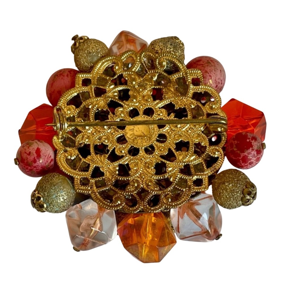 Vintage Signed West Germany Beaded Brooch Glass Lucite Plastic Metal - Picture 3 of 4